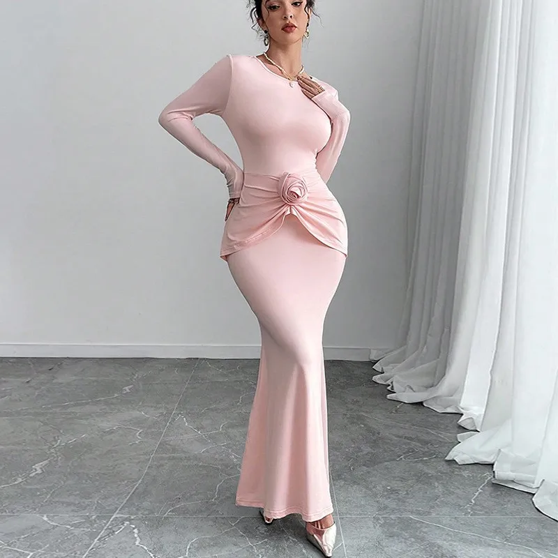 Elegant Pencil Dress Long Sleeve Round Neck Solid Color Slim Fit for Wedding Guest Prom Party Wedding Party Gala Date Night