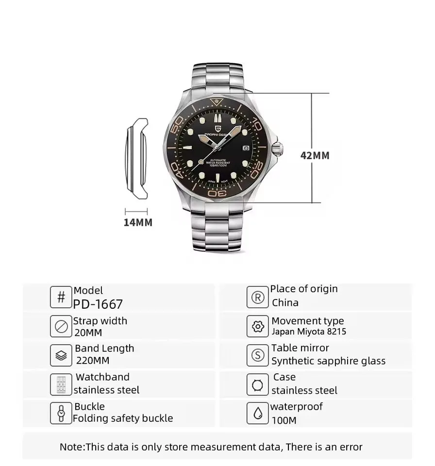 PAGANI DESIGN 007 Mechanical Luxury Man watch 100M Waterproof AR Sapphire watch for men Ceramic Bezel Date All Steel Watch