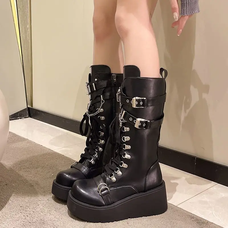 Knight Boots Women's 2024 Autumn/Winter Punk Style Thick Sole Shoes Lady Comfortable Inner Elevated Mid Calf Motorcycle Boots