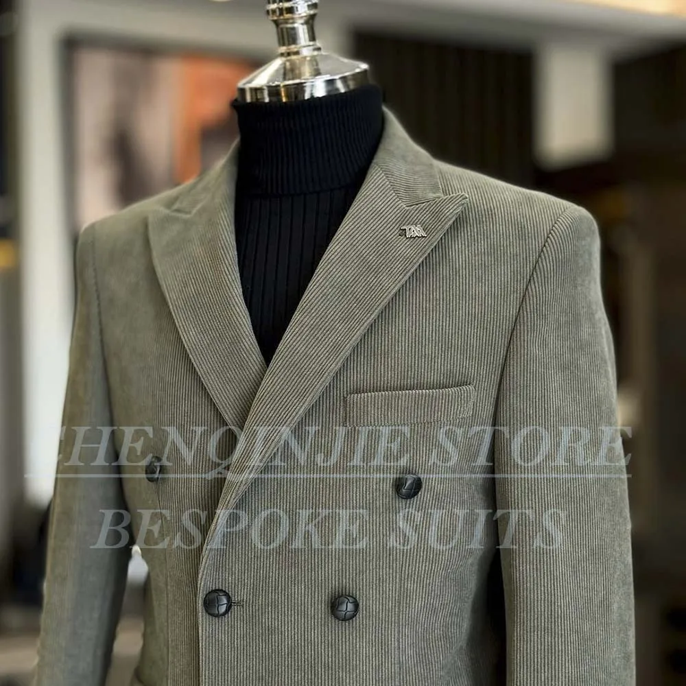 Bespoke Corduroy Suits for Men Blazer Formal Double Breasted Peak Lapel Outfits High Quality 2 Piece Jacket Pants Male Clothing