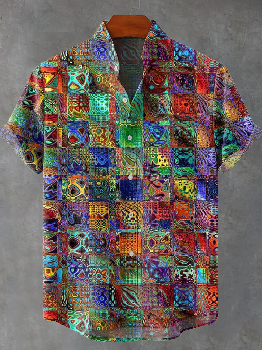 

2025 hot selling color 3D printed image gradient abstract retro color printed casual short sleeved men's shirt