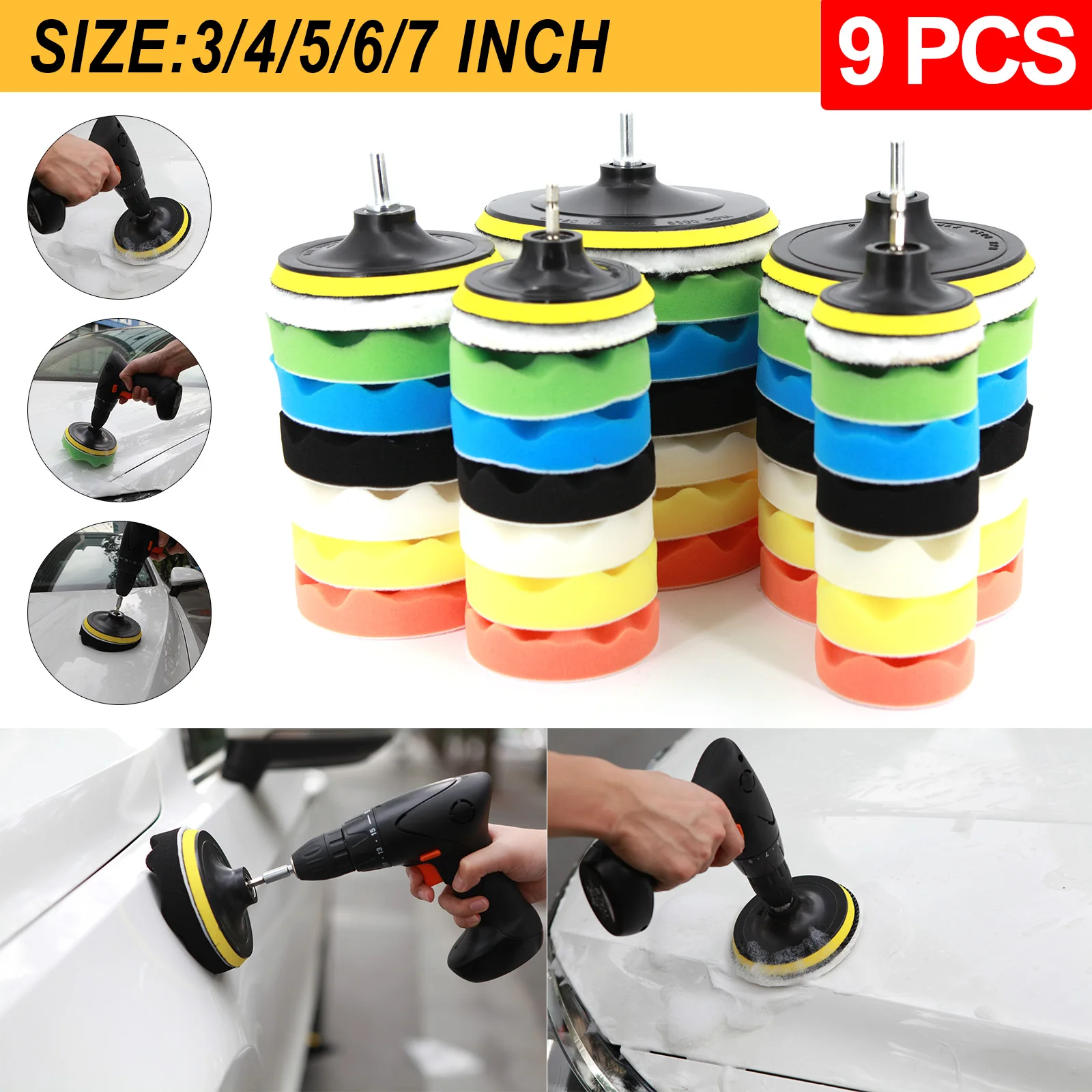 

9pcs Buffing Pad 3''4''5''6'' inch Car Sponge Polishing Pad Kit Abrasive Polisher Adapter Waxing Compound Tools Accessory