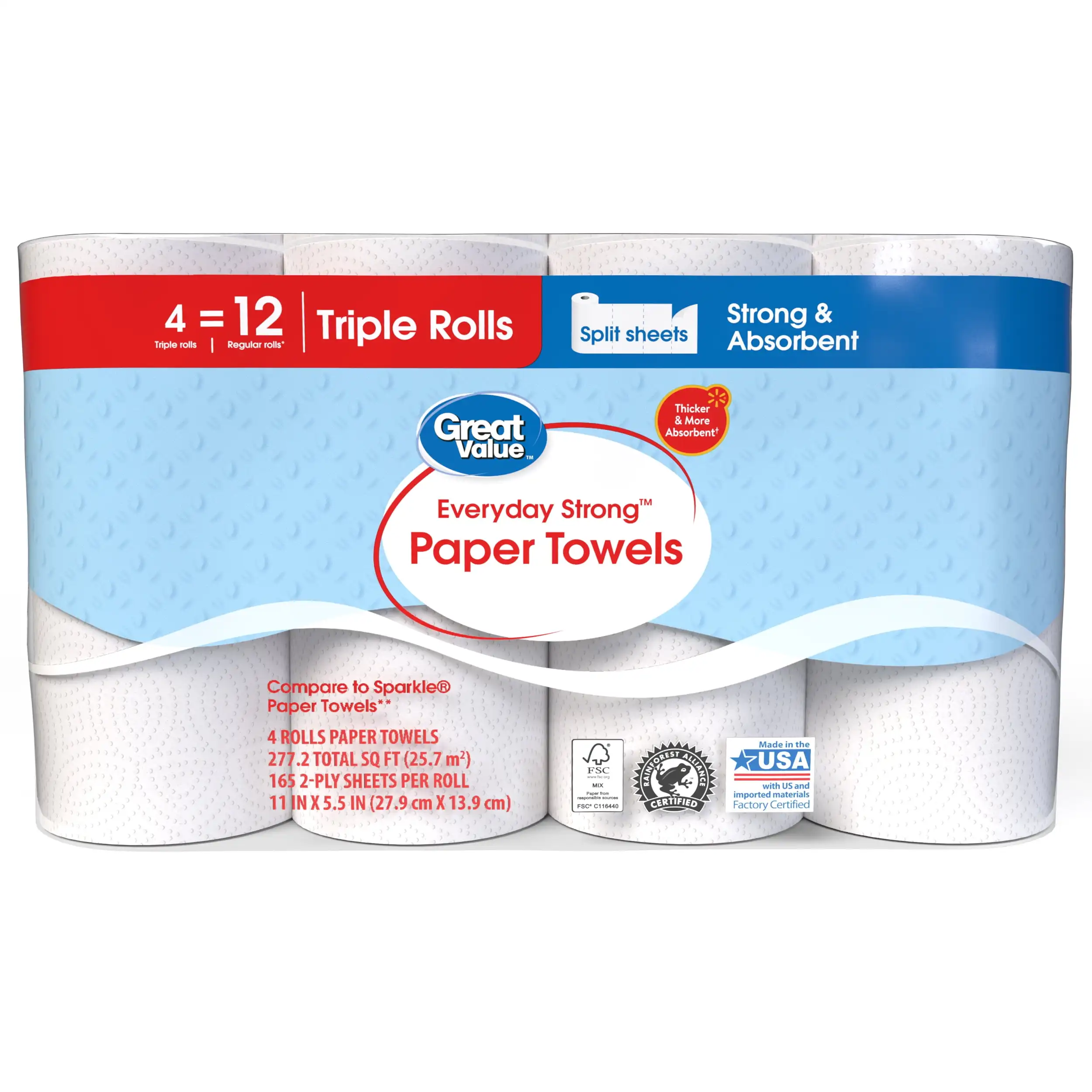 Everyday Strong Paper Towels, Split Sheets, 4 Triple Rolls