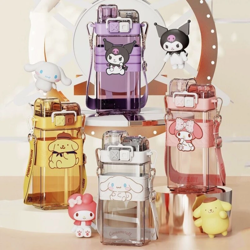 

Cartoon Sanrio Cute Kuromi Large Capacity Double Drinking Plastic Water Cup High Appearance My Melody Square Straw Cup Girl Gift