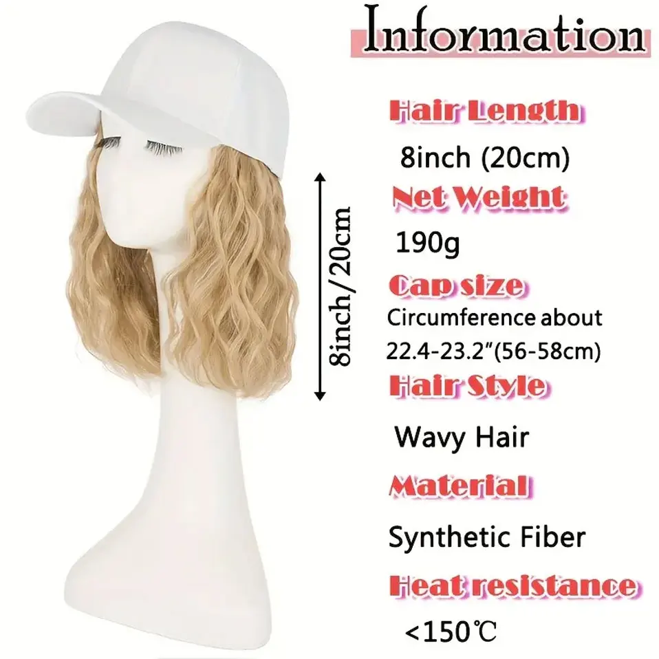 Benehair Baseball Cap with Hair Extensions 8inch Wavy Curly Bob Wigs Adjustable Wig Hat Synthetic Hairpiece for Woman byBenehair
