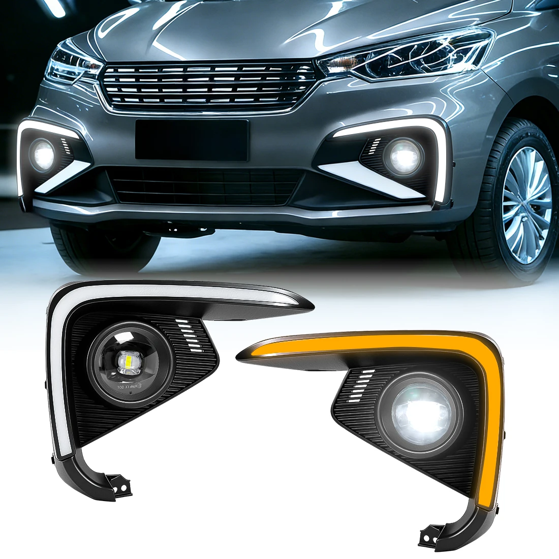 

LED DRL For Suzuki Ertiga 2018 2019 2020 Daytime Running Light Front Bumper Headlights Yellow Turn Signal Lamp whit Fog Light
