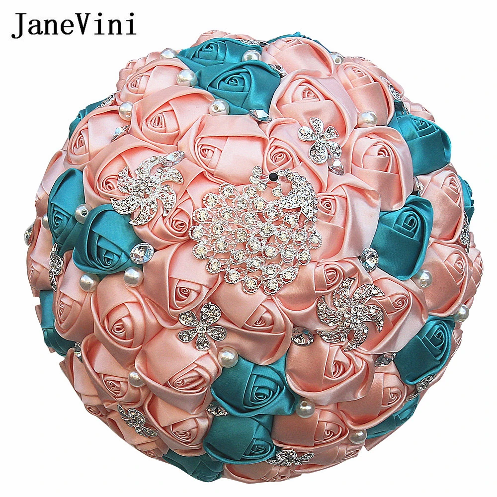 JaneVini Elegant 24cm Pink Bridal Flowers Bridesmaid Bouquets for Wedding Silver Jewelry Brooch Pearl Crystal Flower Bouquet