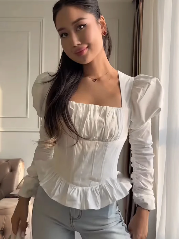

Женская блузка с пышными рукавами и драпировкой на груди, однотонная, модная, с квадратным вырезом, универсальная, с баской, минималистичный топ, новинка 2026 года, женская рубашка для отпуска