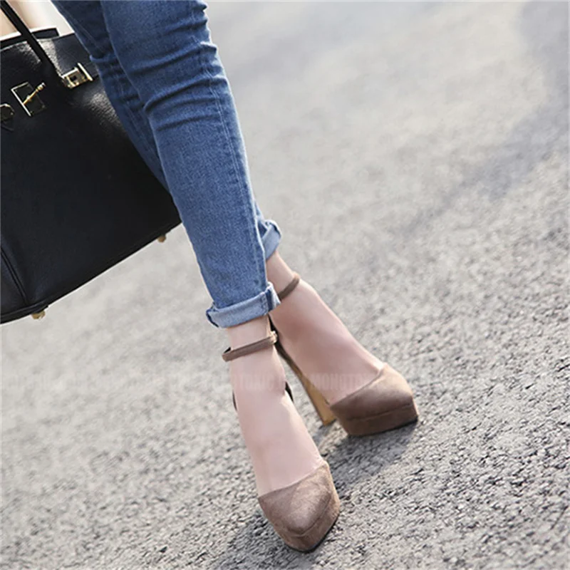 Fashion Women Ankle Strap Sandals Casual Flock Buckle Strap 11cm Thin High Heels Pointed Toe Women Sandals Discount Pumps Black