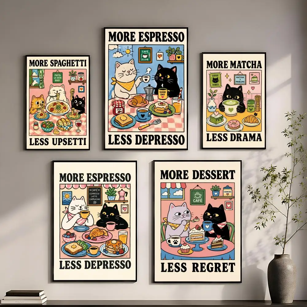 More Espresso Less Depresso Black Cat Poster Perfect Sticker Self Adhesive for Office Home Theater Wall Art Decor Fancy Gift