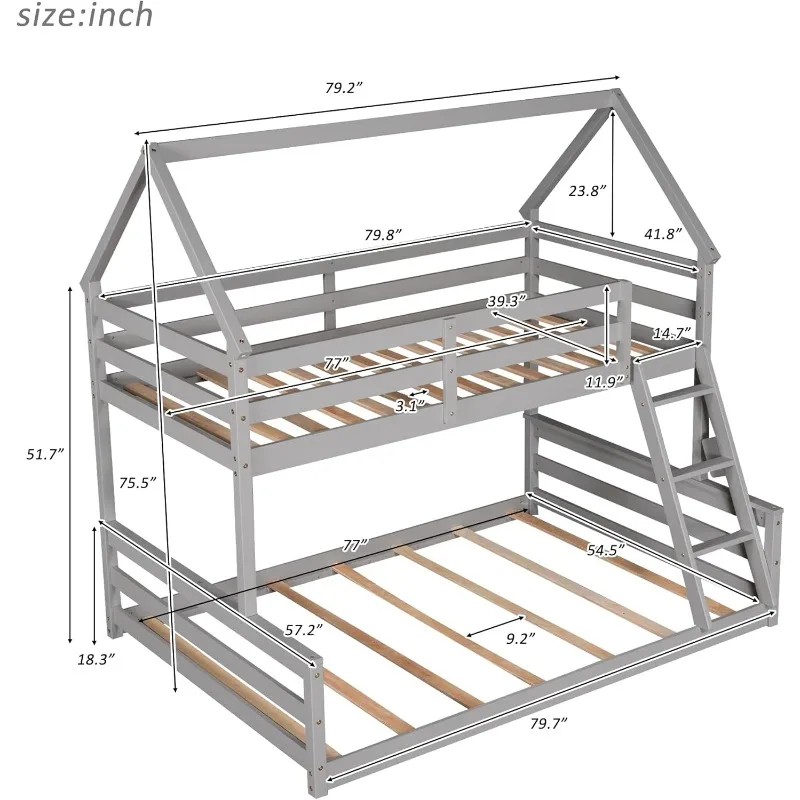 Floor Bunk Bed with Ladder Twin Over Full,Wood Low Bunk Bed for Kids Juniors, Space-Saving,No Box Spring Needed Gray