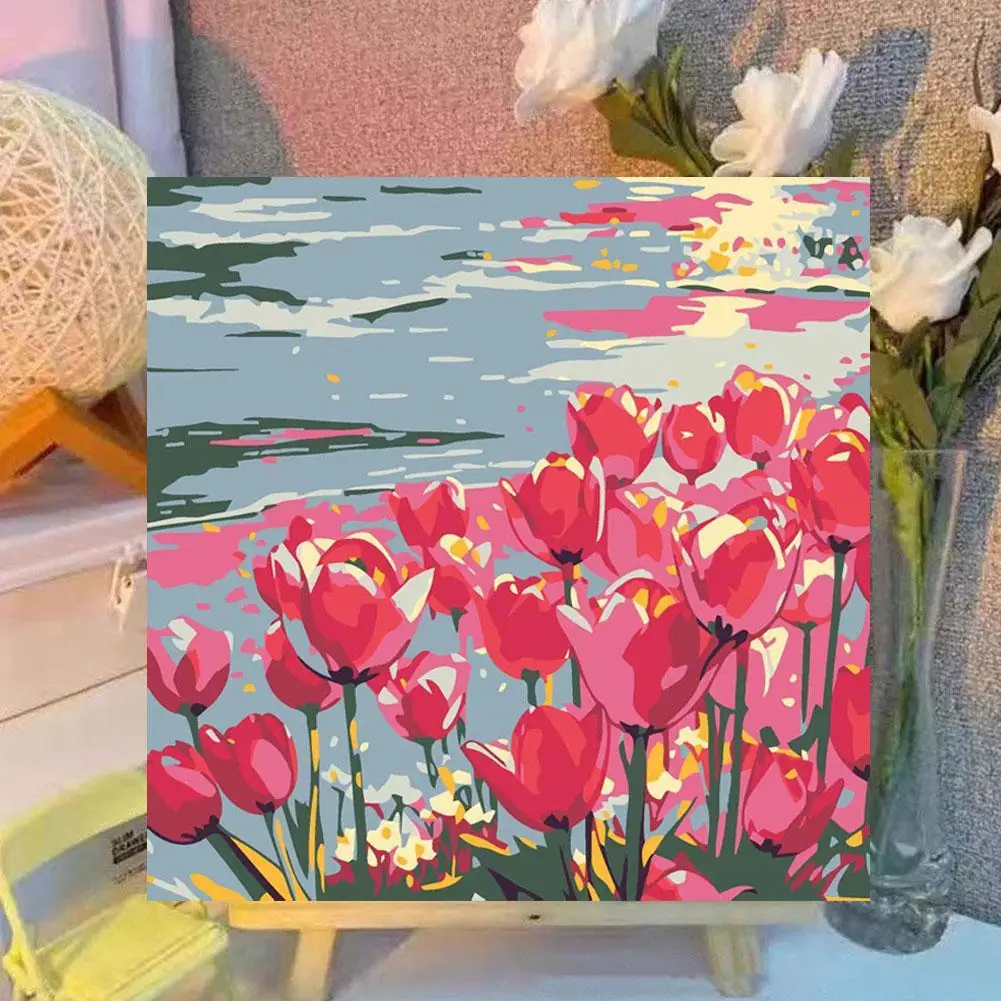 20x 20cm DIY Oil Painting Packagew With Brushes Kit Tulip Digital Oil Painting Landscape Flower Coloring Set For Beginner-level