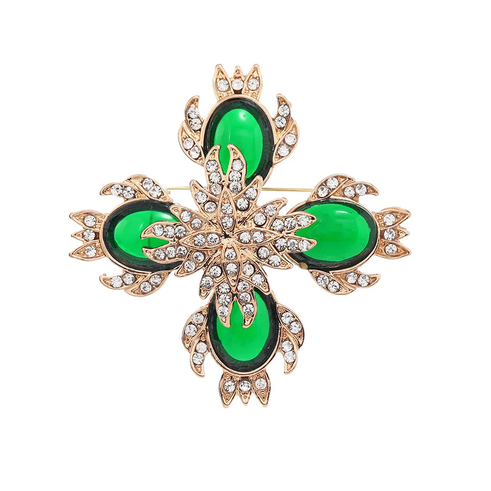 Women Men Vintage Baroque Cross Crsytal Resin Stone Brooches Pins Unisex Classic Retro Fashion Metal Design Badges Brooch Pin