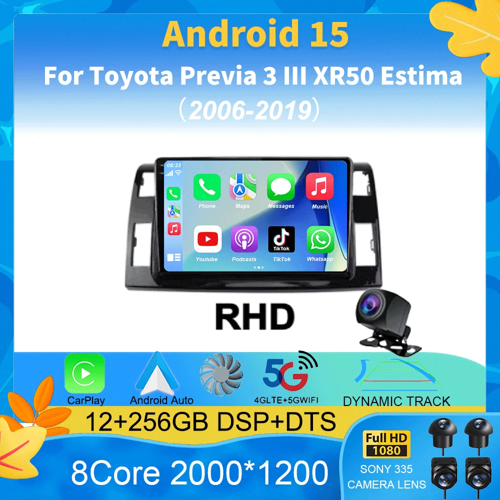 Android 16 For Toyota Previa 3 III XR50 Estima 2006 - 2019 Multimedia Blu-ray QLED Screen Navigation GPS No 2 Din Player