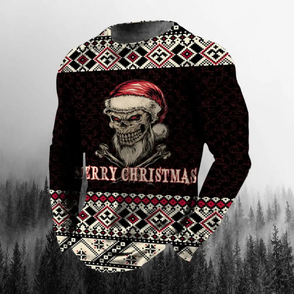 

New Christmas Clothing For Men T-Shirt Cotton Long Sleeve Top Skull Graphic Apparel Autumn and Winter Oversized Men's Shirt Tees