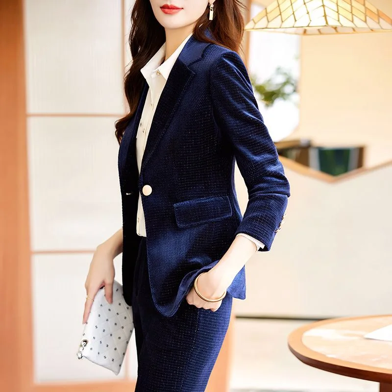 Fashion New Spring Fall Women Midnight Navy Slim Velvet Blazer Office Lady Single Button Suit Jacket Female Coat Girl Party Gift