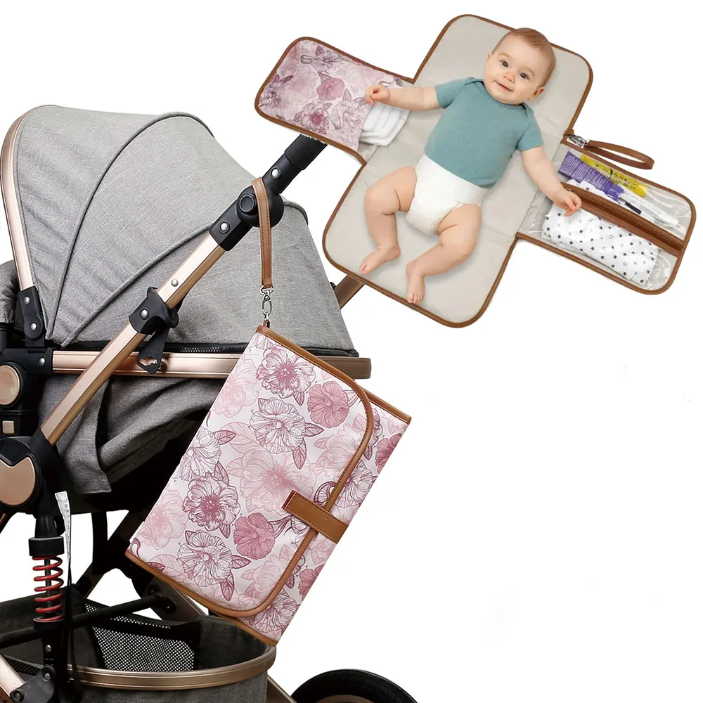 Vintage Floral Pattern Diaper Bag with Stroller Straps - Foldable Portable Diaper Bag for Women, Durable Polyester