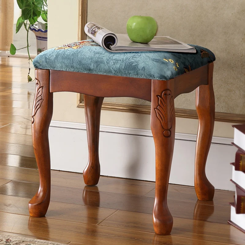 American dressing stool all solid wood bedroom dressing table fabric soft bag small square stool European retro living room guzh