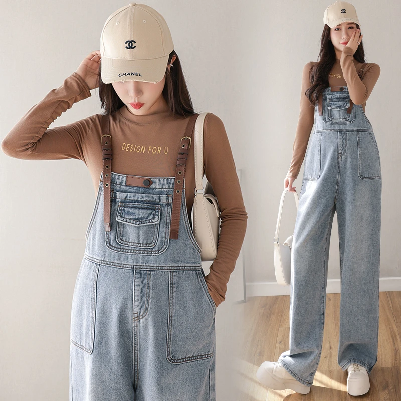 

Pregnant Women's PU Leather Strap Denim Pants Spring Autumn Large Size Loose Maternity Jeans Fashion Pregnancy Jumpsuits Rompers