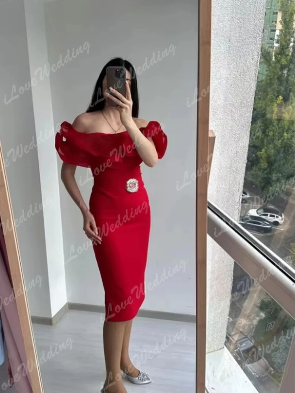 Exquisite Red Retro Modern Sash Straight Cocktail Dress Off Shoulder Tea Length Customized  Prom Party Dresses Classic Formal