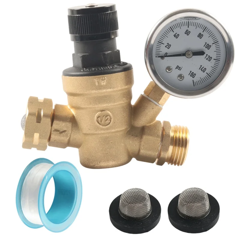 

Motorhomes RV Campers Lead Free Brass Water Pressure Regulator With Silicone Oil Gauges 3/4" Connector & Double Filters Kits