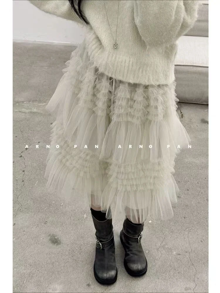 Elegant Grey Beige Half Skirt with Lace Trim Soft Gentle High Waist A-Line Skirt for Women Non-Stretch Elastic Waist