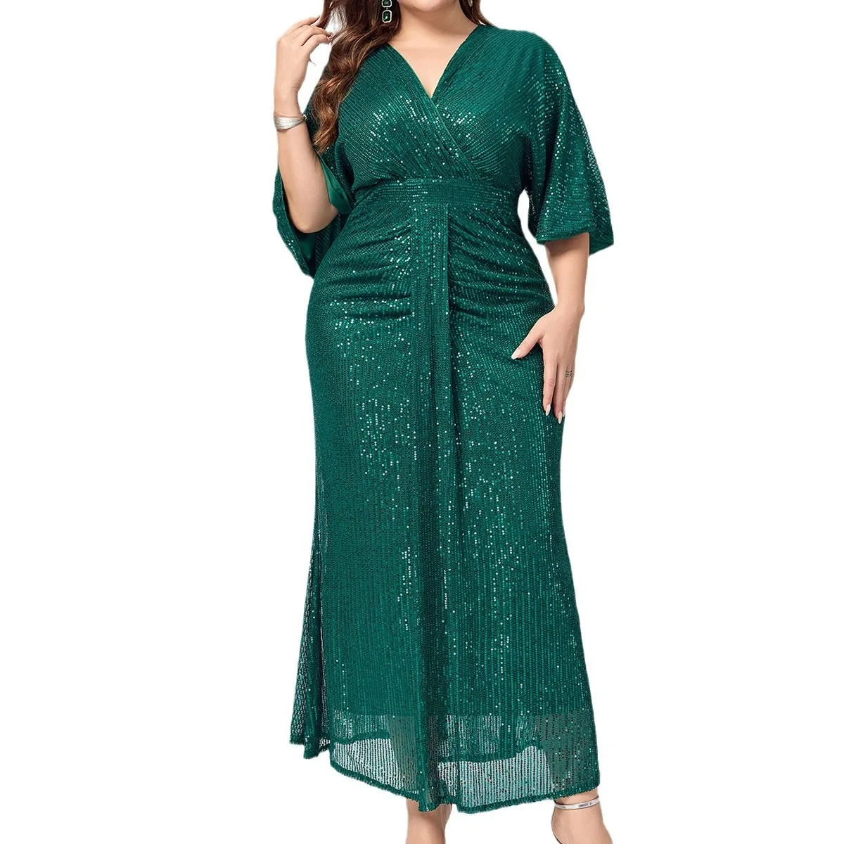 Plus size feminino vestido de lantejoulas elegante com decote em v babados mangas curtas vintage lápis plissados fino ajuste moda banquete cocktail vestido