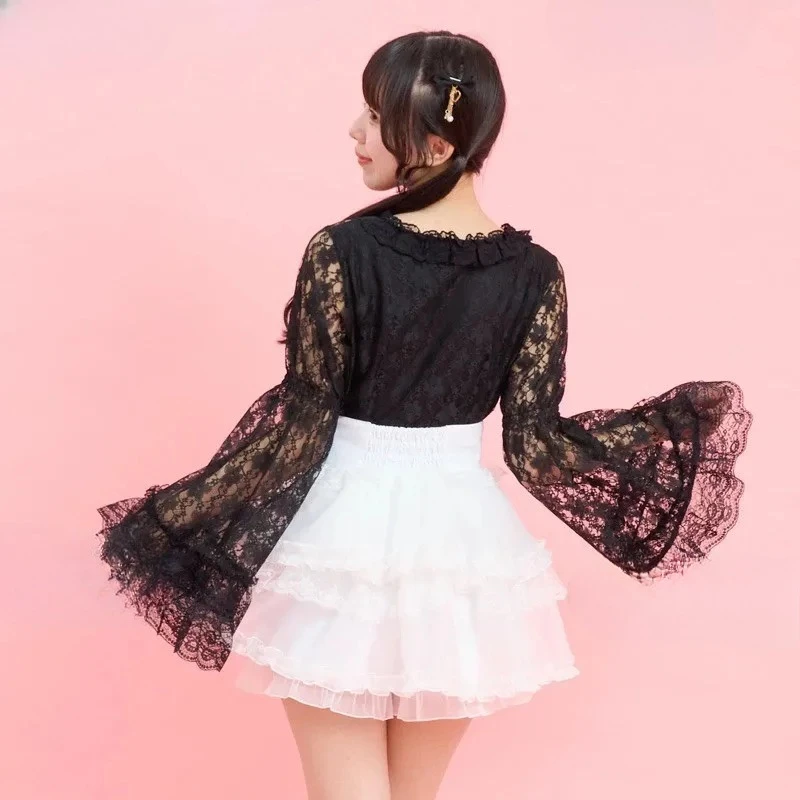

Sc Japanese Lolita Heavy Industry Lace Ji Sleeves Inner Shirt Spring and Summer New Tops Dark Horn Long Sleeves Lace Blouse 2way