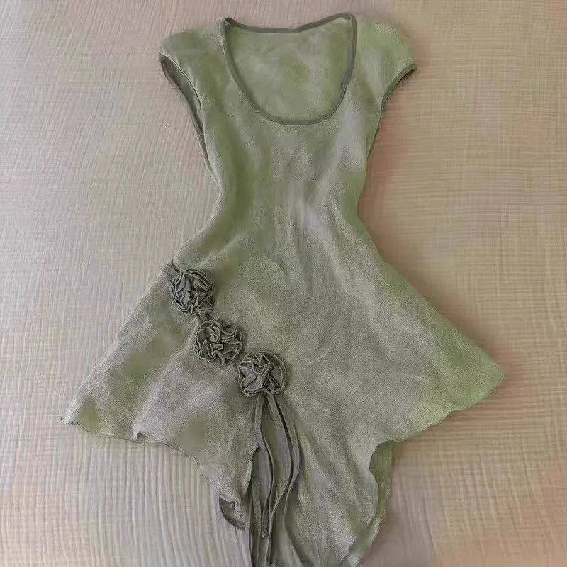 Summer Thin Green Tang Suit Irregular Mini Dresses Women Sleeveless 3D Floral Camisole Dress Slim Short Vestidos