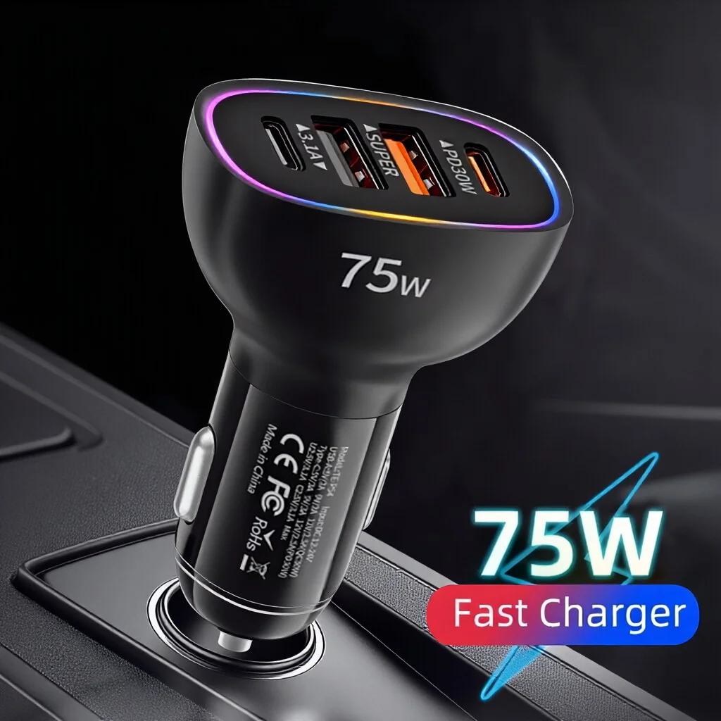 

4 Ports 75W Car Charger Adapter PD 30W Type C Fast Charge with LED Ring Bilateral Metal Contacts Multi-Protocol Compatible