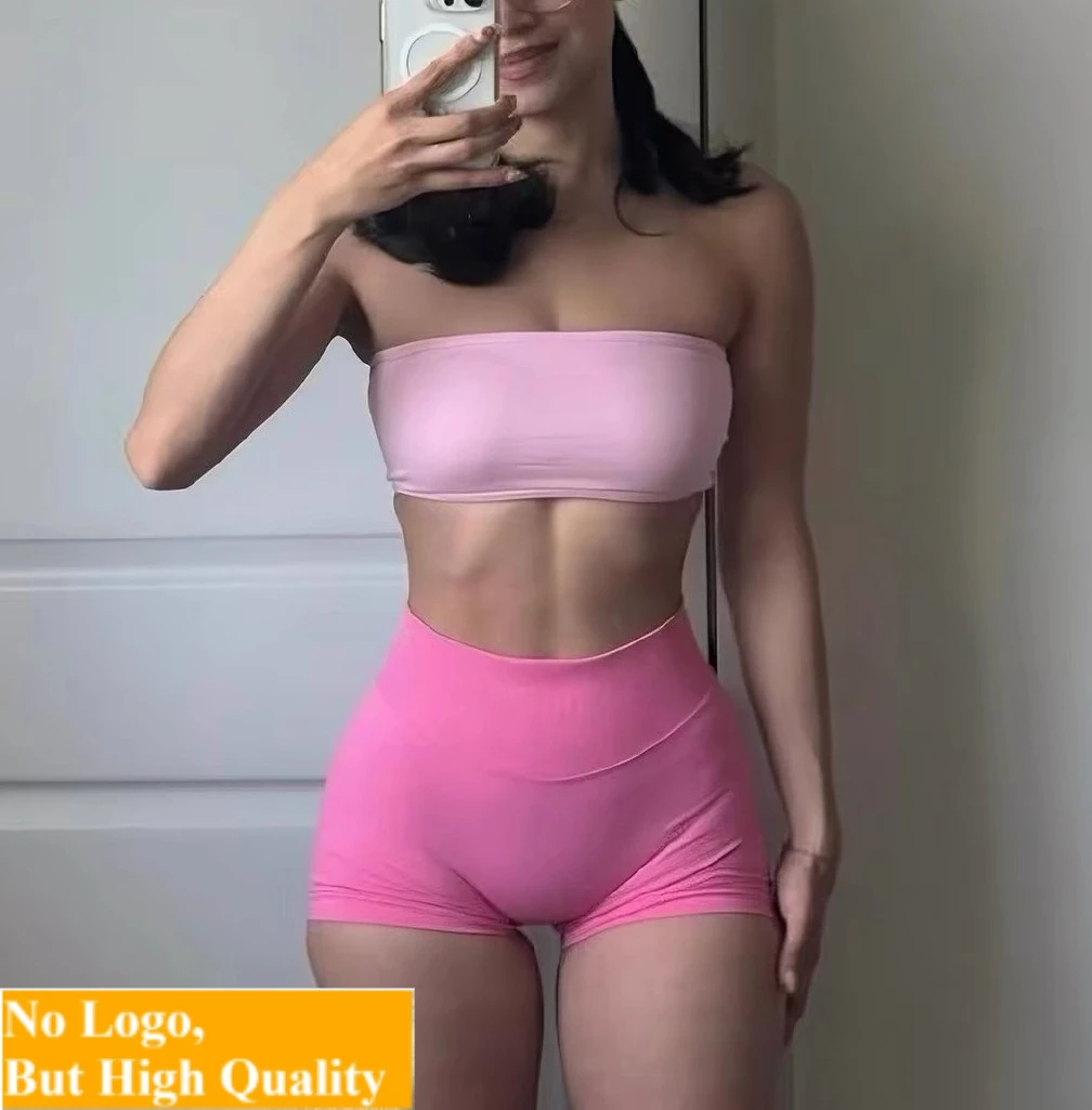 No Logo 2 Pieces Yoga Set Women Backless Bandeau Sports Bra Scrunch Shorts Yoga Clothing Workout Clothes Outfits Sets Gym Set