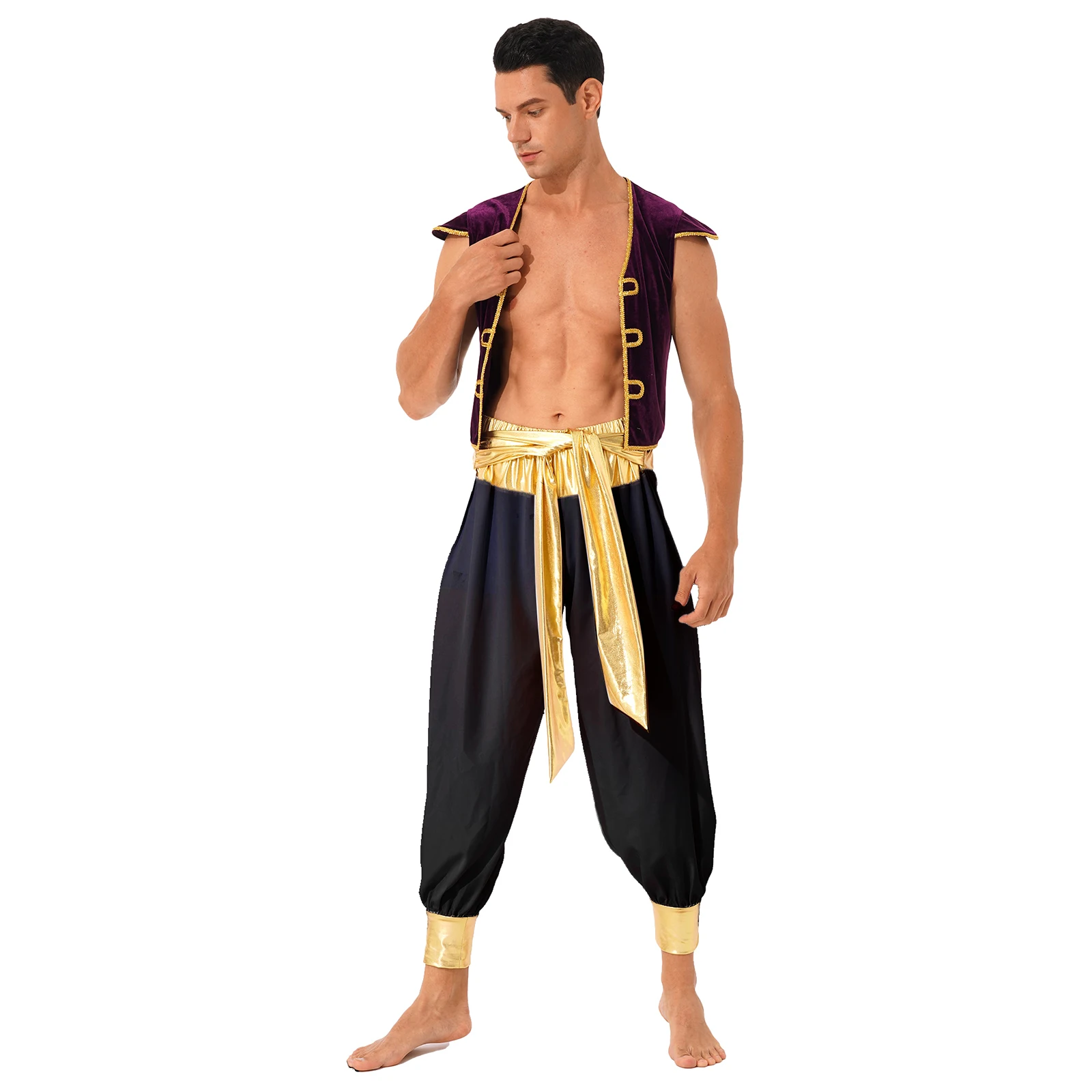 

Arab Prince Costume Halloween Cosplay Sets Men Adult Persian Arabian Carnival Party Role Play Dress Up Vest and Harem Pant Suit