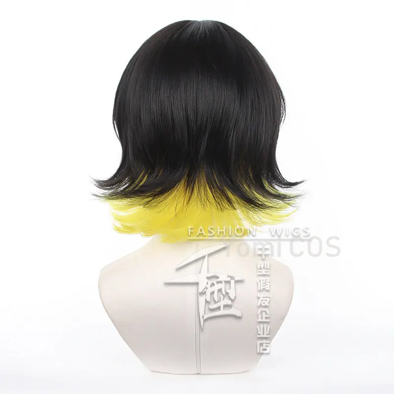 Anime azul bloqueio Cosplay peruca para homens, Bachira Meguru, cor preto e amarelo, cabelo curto, jogador de futebol, Halloween Roleplay, novo, 33cm