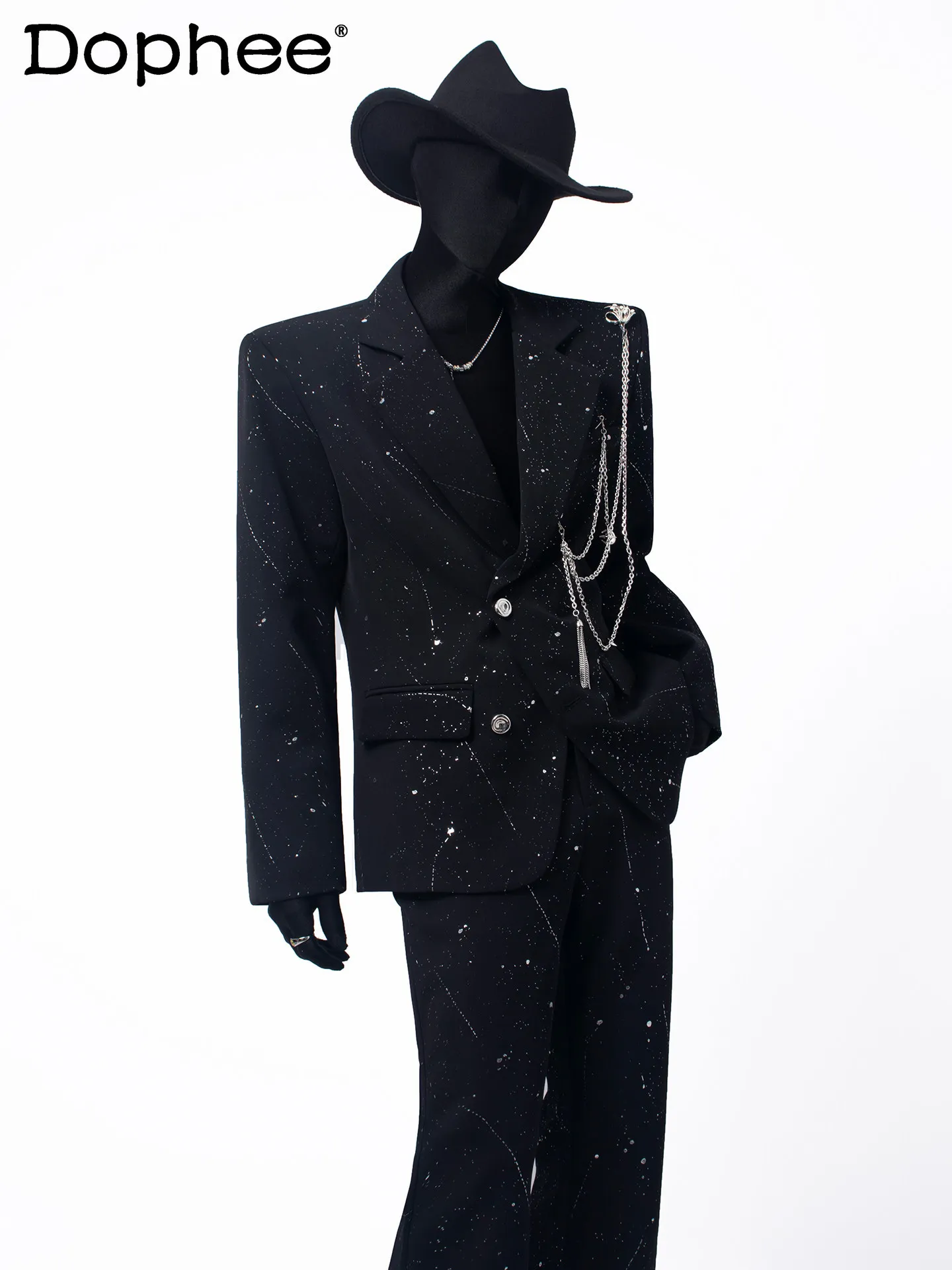 

Fashion Trend Gold Stamping Long Sleeve Men's Suit with Metal Chain Decoration Stylish and Loose Casual Performance Suit