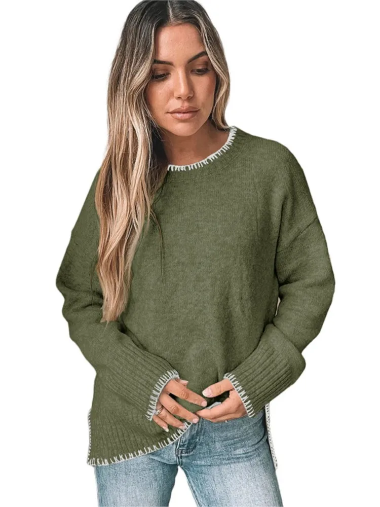 

Women Sweater Autumn Winter New Round Neck Casual Long Sleeved Sweater Solid Color Pullover Tops Weater Aesthetic Ropa De Mujer