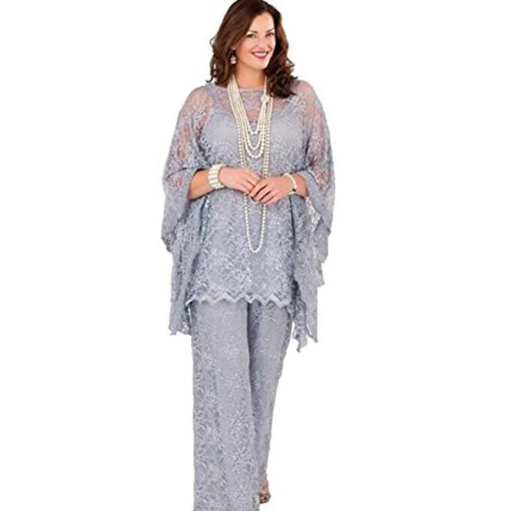 Lace Pantsuits Grey Mother of the Bride Dress 3 Pieces Long Sleeve  Elegant Chiffon Straight Pants Wedding Evening Party Gowns