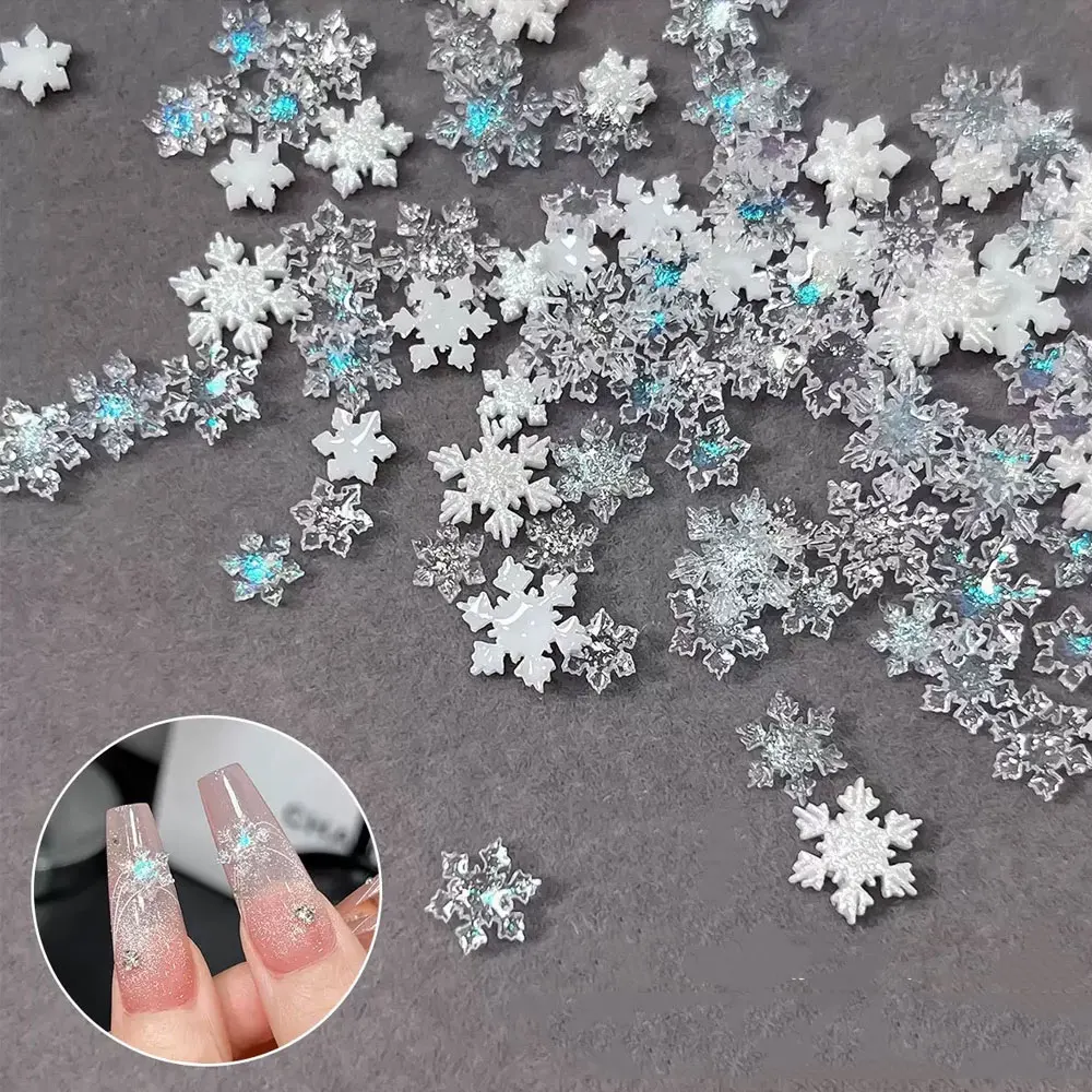 50/100pcs Iridescent Ice Clear Snowflake Nail Charms 5/7/9mm Winter Christmas Snowflake Nail Rhinestones Resin Flatback Nail Gem