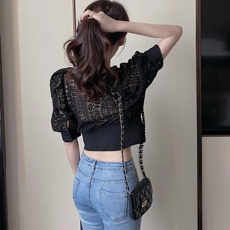 Spitze Shirts Frauen S-3XL Design Einfache Crop Alle-match Sexy Schlank Reine Atmungsaktive Puff Hülse Französisch Stil Femme Retro chic Elegante