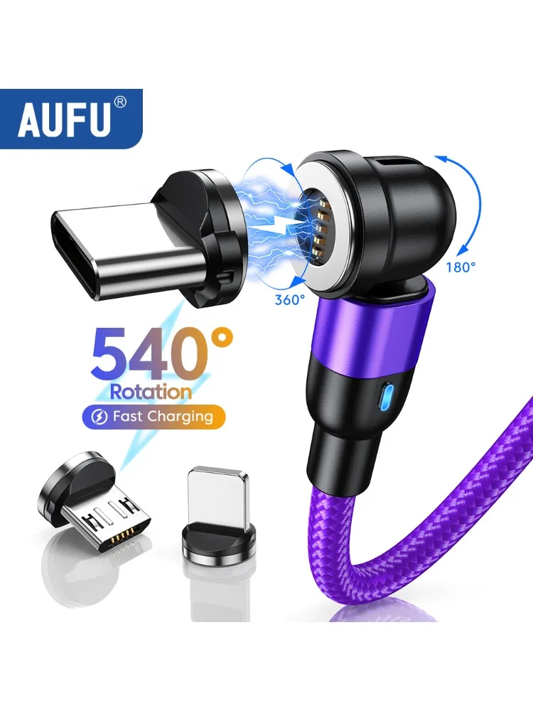 AUFU 540 Drehbares Magnetisches Kabel Schnellladekabel Typ C für iPhone 16 POCO Redmi Xiaomi Magnet-Ladegerät Datenkabel Micro-USB-Kabel