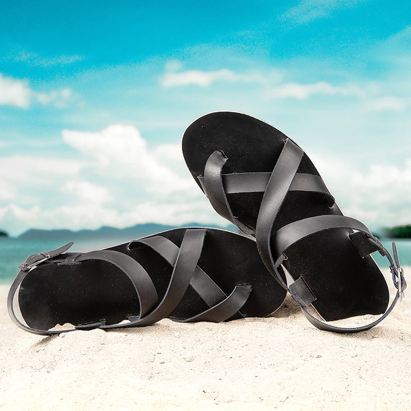Sandales Rome en cuir véritable pour hommes, chaussures plates décontractées simples, sandales respirantes, conception de ceinture, Parker ouvert,