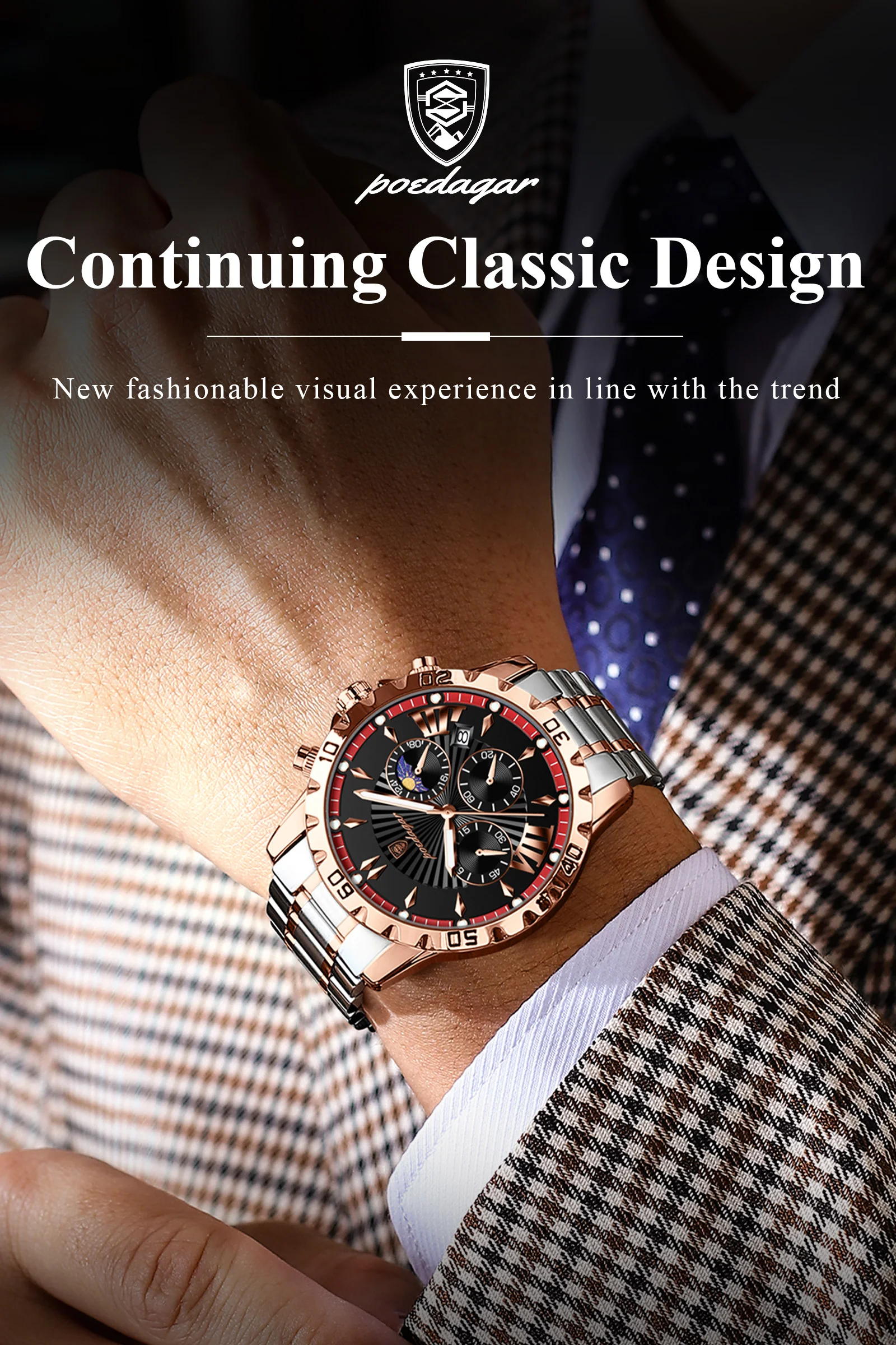 POEDAGAR Top-Luxus-Herrenuhr, Leuchtend, Wasserdicht, Edelstahl, Quarz, Chronograph, Datum, Militäruhr für Herren – Detail 7