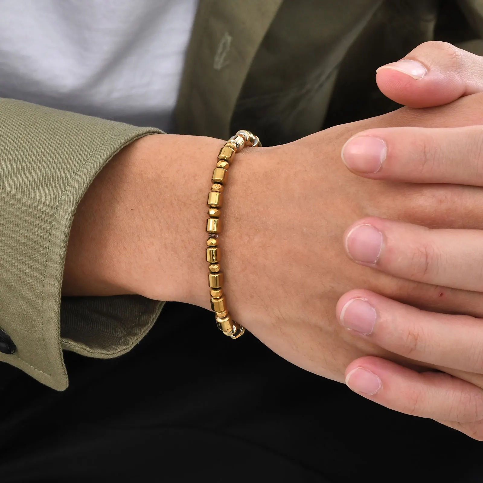 Hematite Beaded Bracelets for Men Boys,Gold Color Cylindrical Beads Bracelet,Eliminating negative energy in the body