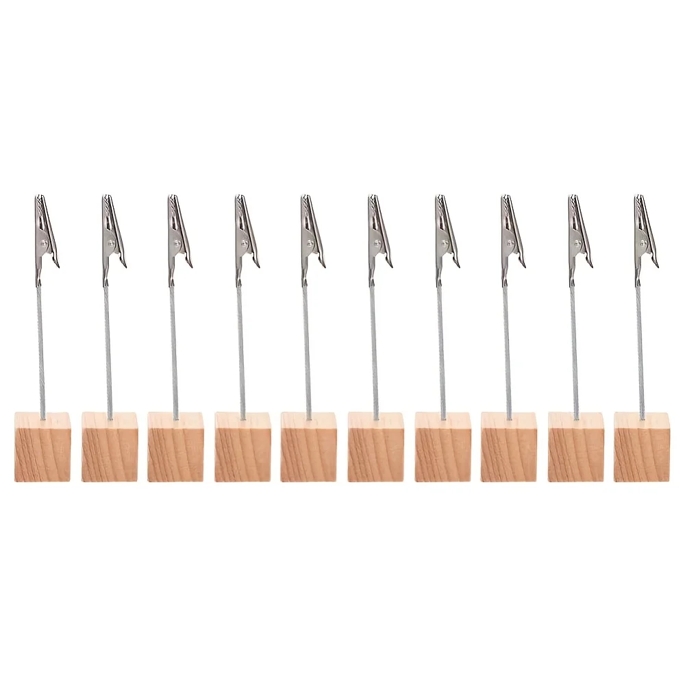 12pcs Natural Wood Color Stainless Steel Photo Clip Set w/ Wooden Base & Alligator Clip Frame