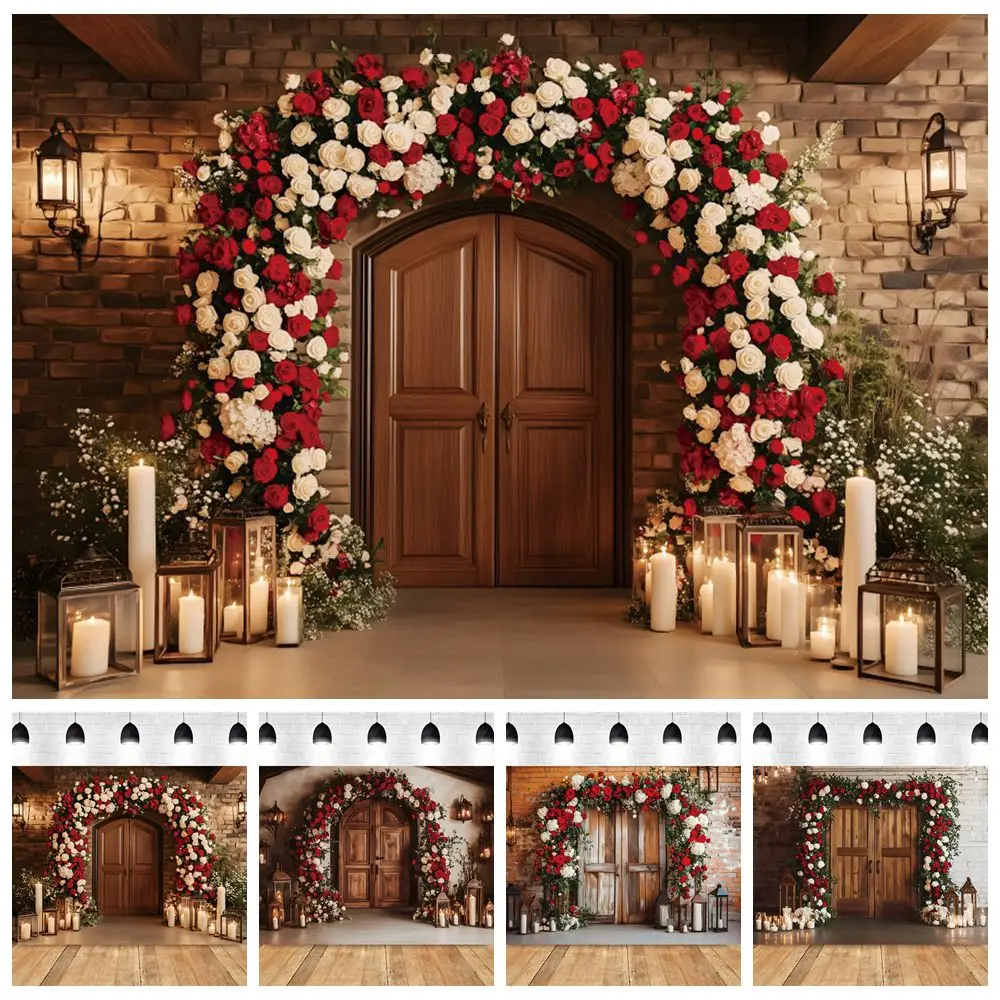 

Wedding Flowers Rustic Wood Door Backdrop February 14 Valentines Day Party Couple Portrait Photography Background Photostudio