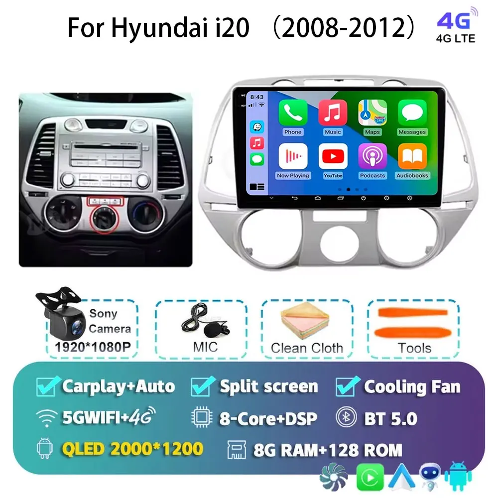 Android 15 Carplay Voor Hyundai i20 2008 2009 2010 2011 2012 Autoradio Stereo Multimedia Video Player WIFI Touchscreen