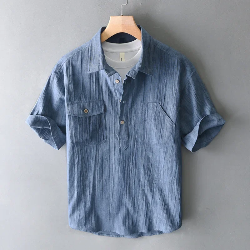 

2026 Spring Summer New Vintage Loose Cotton Ramie Short Sleeve Shirts for Men Clothing Breathable Soft Male Shirts