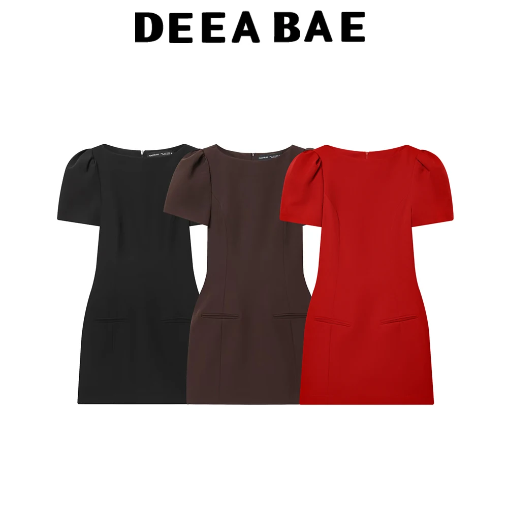 เดียบาเอ ชุดเดรสสั้นสไตล์ฝรั่งเศสแบบเฮปเบิร์น คอเดี่ยว แขนสั้น จับจีบ มีกระเป๋า สำหรับผู้หญิง ฤดูหนาว