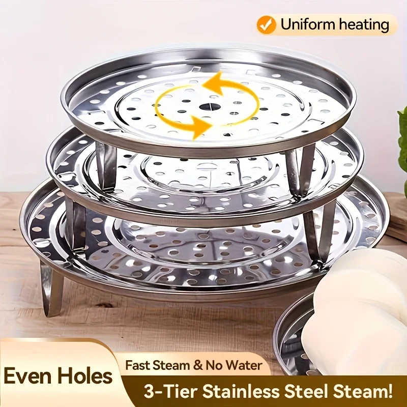 3Pcs Stainless Steel Steamer Rack Set Removable Tripod Base Multi‑Layer Round Steamer Insert with Canning Rack Extension for Lar