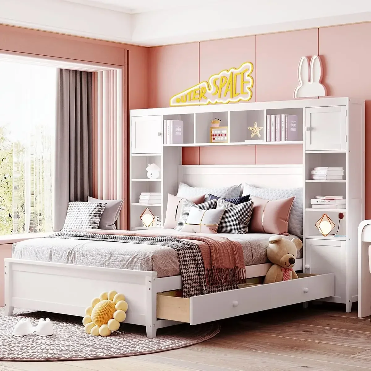 Bookcase Headboard and 4 Storage Drawers, Solid Wood Bed Frame with Cabinet and Bookshelf, No Box Spring Needed - White