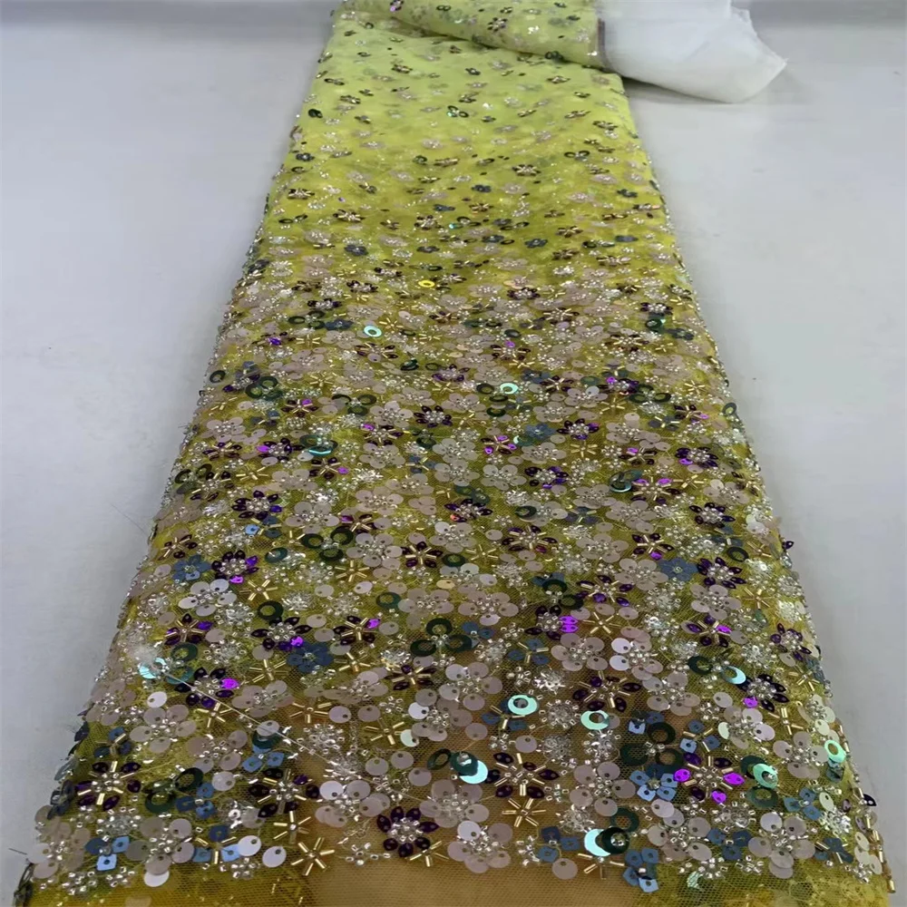 Tissu Africain en Tulle Brodé à Paillettes Brillantes, Dernière Collection de Luxe, Fait à la Main avec des Perles, pour Robe, ZX3401